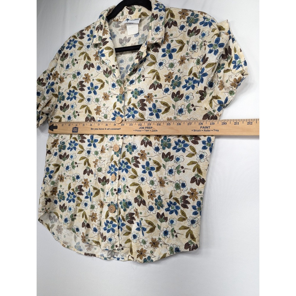 Tag Womens Floral Rayon Short Sleeve Button Up Shirt Blue Brown Cream Small - Picture 7 of 11